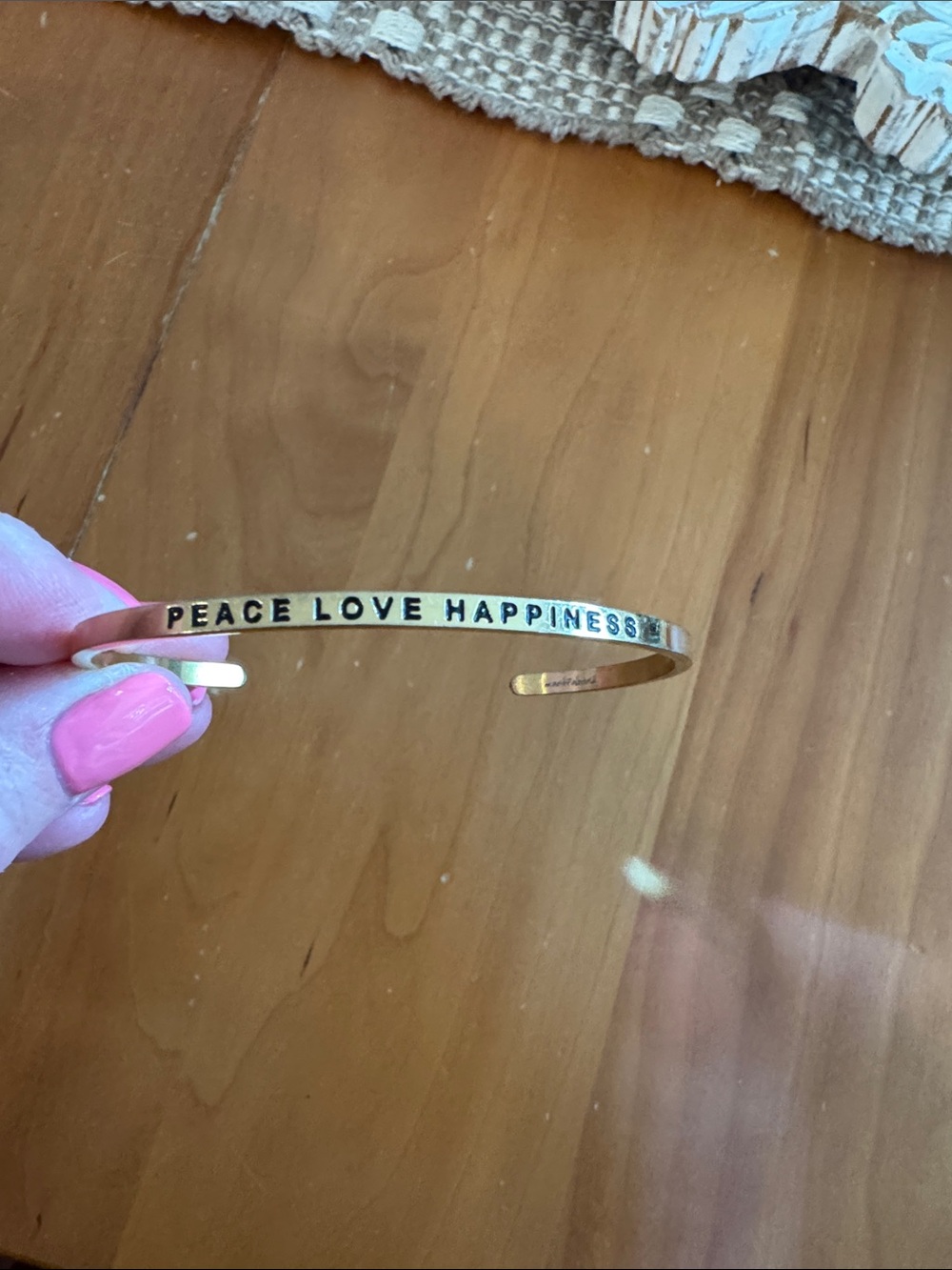Mantraband Gold Tone Cuff Bracelet - "PEACE LOVE HAPPINESS"
